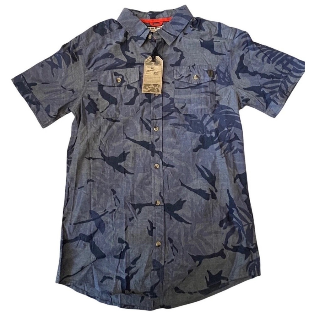 NEW! Triple Five Soul Men Blue Camo Tropical Short Sleeve Button Down Shirt‎ S